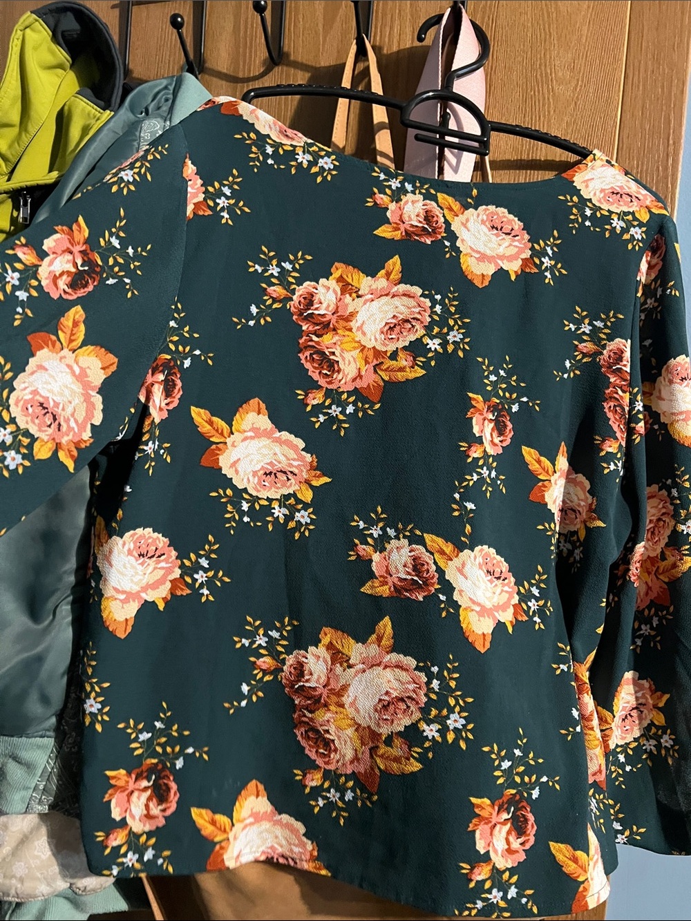 George Dark Green Floral Blouse with Pink Roses
